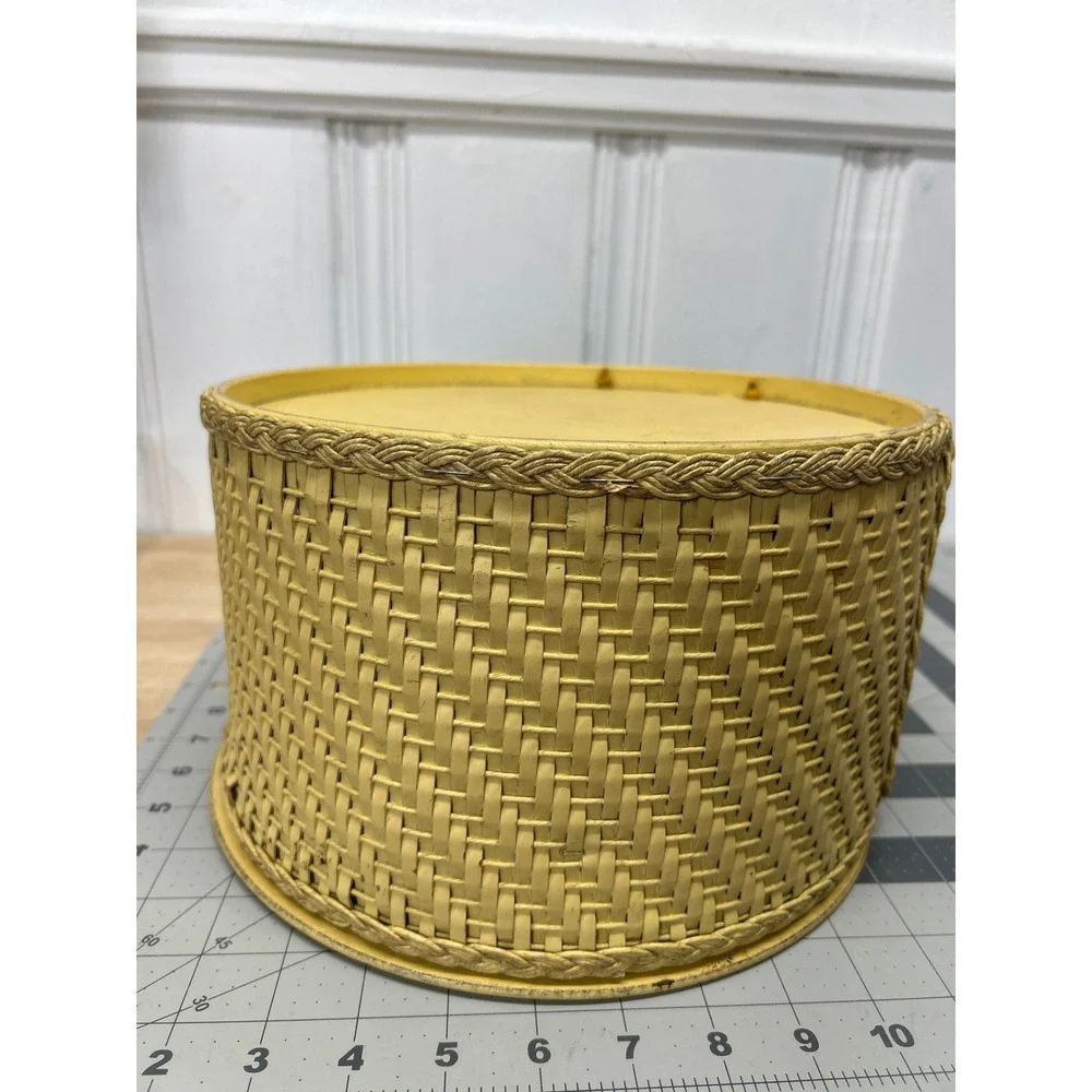 Vintage Princess Sewing Basket Yellow Wicker Round Lid Handle Floral 1940s